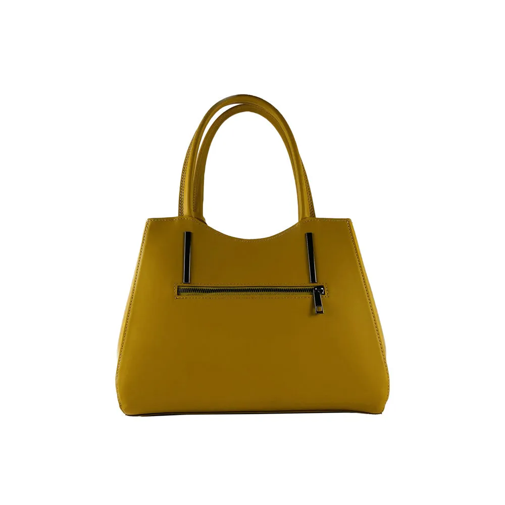 RB1004R | Genuine Leather Handbag Made in Italy with removable shoulder strap and gunmetal metal snap hook attachments - Mustard color - Dimensions: 33 x 25 x 15 cm   Handles 13 cm