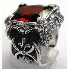 Red Garnet Dragon Claw Sterling Silver Men's Ring