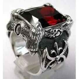 Red Garnet Dragon Claw Sterling Silver Men's Ring