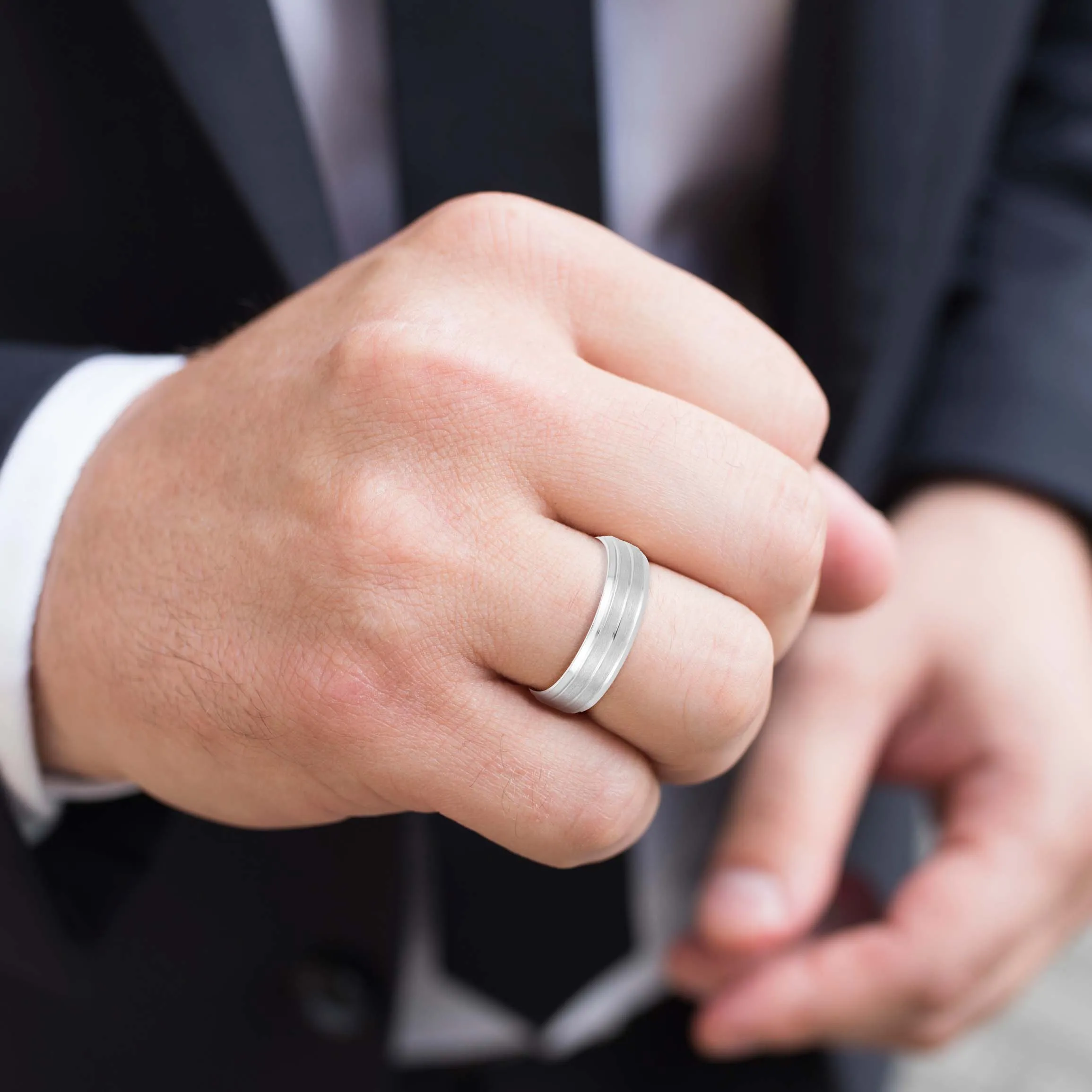 Sand Blast Men's Wedding Band with a Single Center Strip