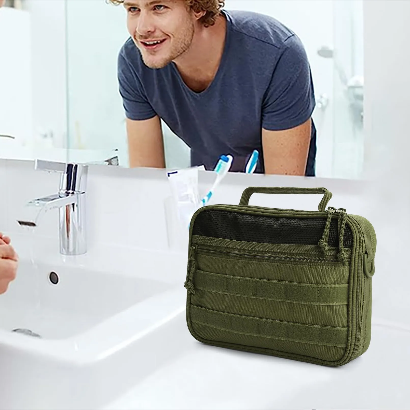SMONT Tactical Toiletry Bag for Men, Mens Toiletry Travel Bag, Hanging Shaving Hygiene Dopp Kit Bag for Bathroom Army Green