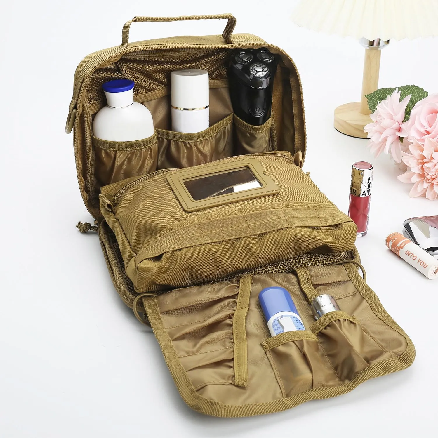 SMONT Toiletry Bag for Men Travel, Hanging Dopp Kit Shaving Hygiene Bag for Traveling Bathroom Khaki