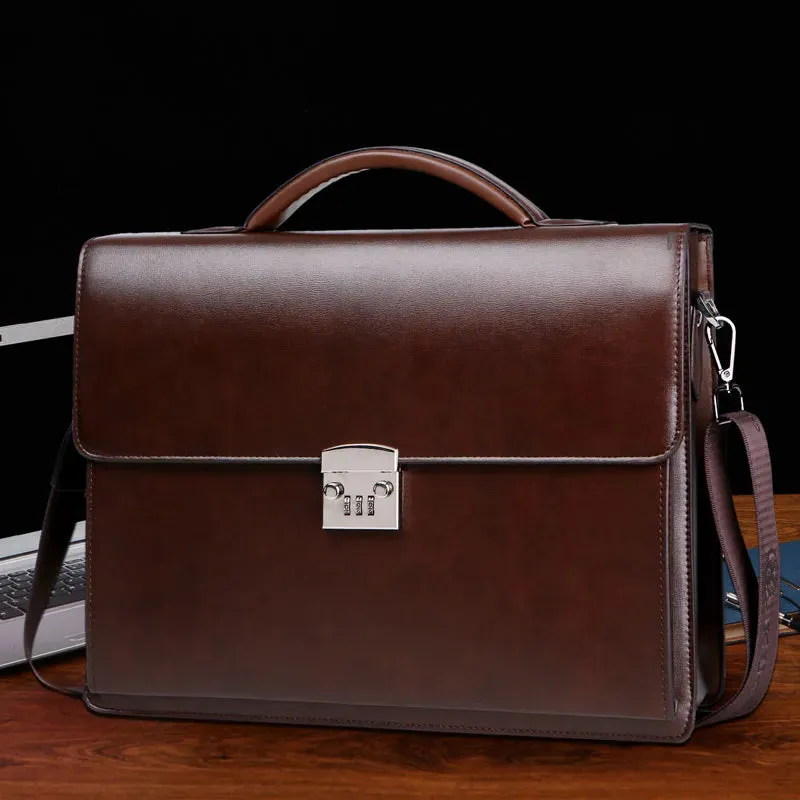 Stylish PU Leather Laptop Business Bag with Password Lock Professional Men's Diagonal Briefcase