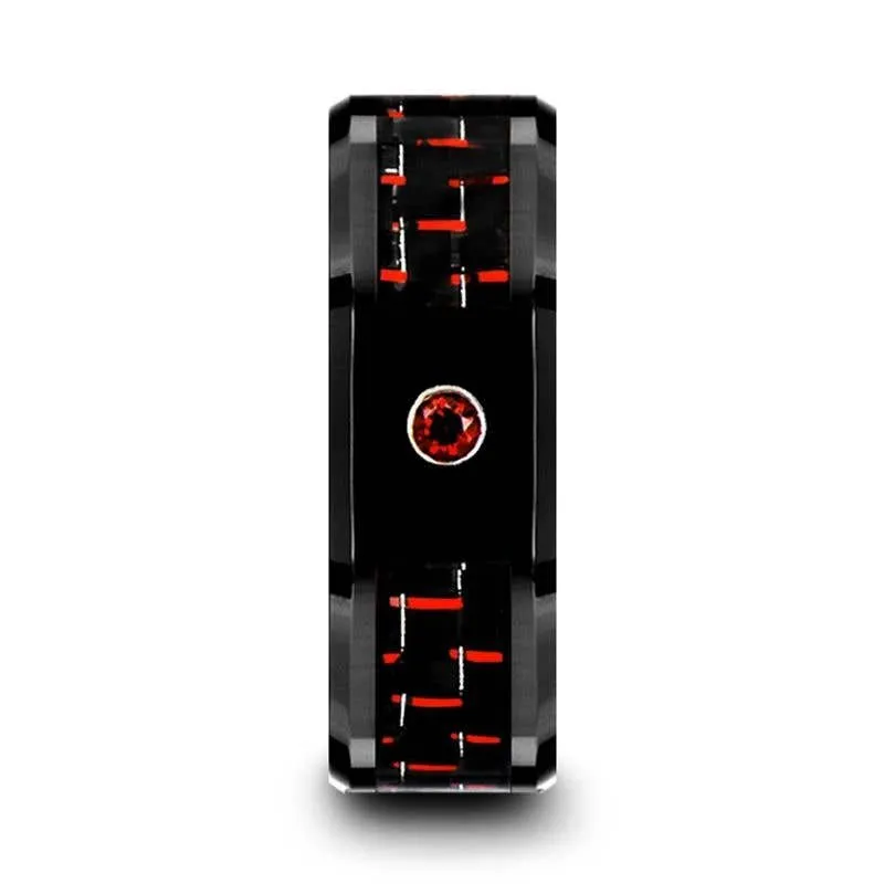 Thorsten SORRELL Black Ceramic Ring Black and Red Carbon Fiber Ruby Setting - 8mm