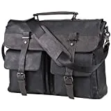 Tocode Large Messenger Bag for Men, Vintage Waxed Canvas Satchel Leather Briefcases Crossbody Shoulder Bags, 15.6 inch Computer Laptop Bags Water Resistant Travel School Work Bag Black