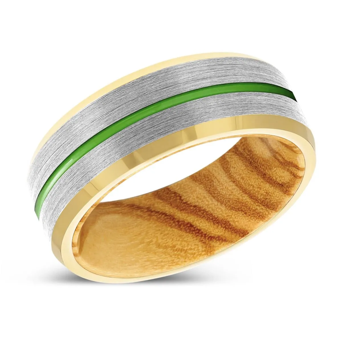 VESTIGE | Olive Wood, Silver Tungsten Ring, Green Groove, Gold Beveled Edge