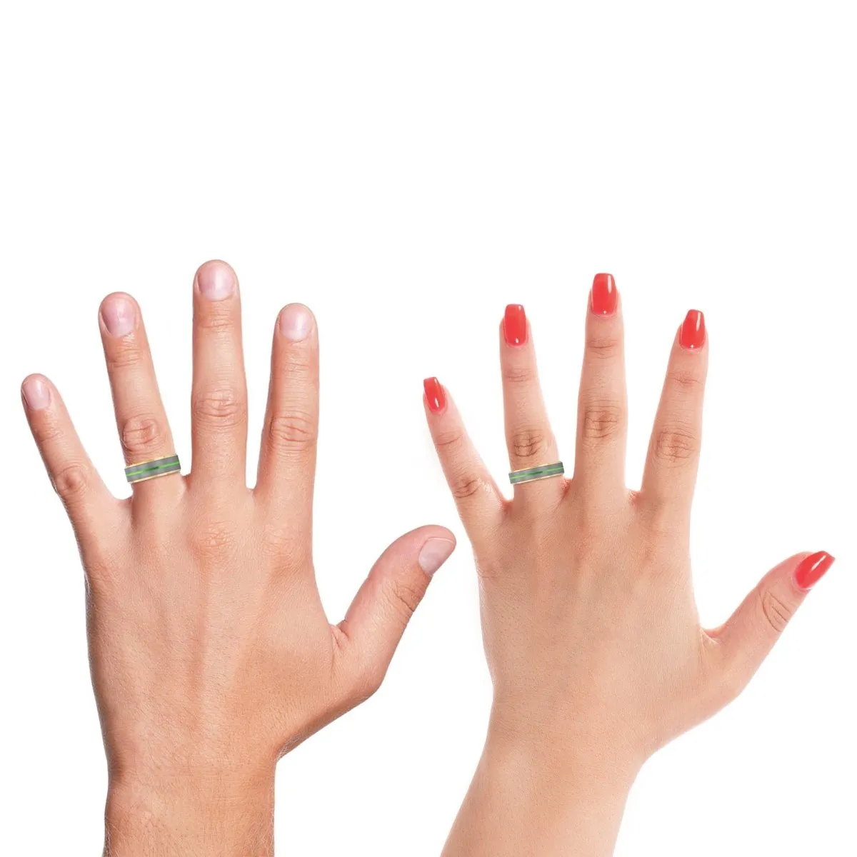 VESTIGE | Olive Wood, Silver Tungsten Ring, Green Groove, Gold Beveled Edge