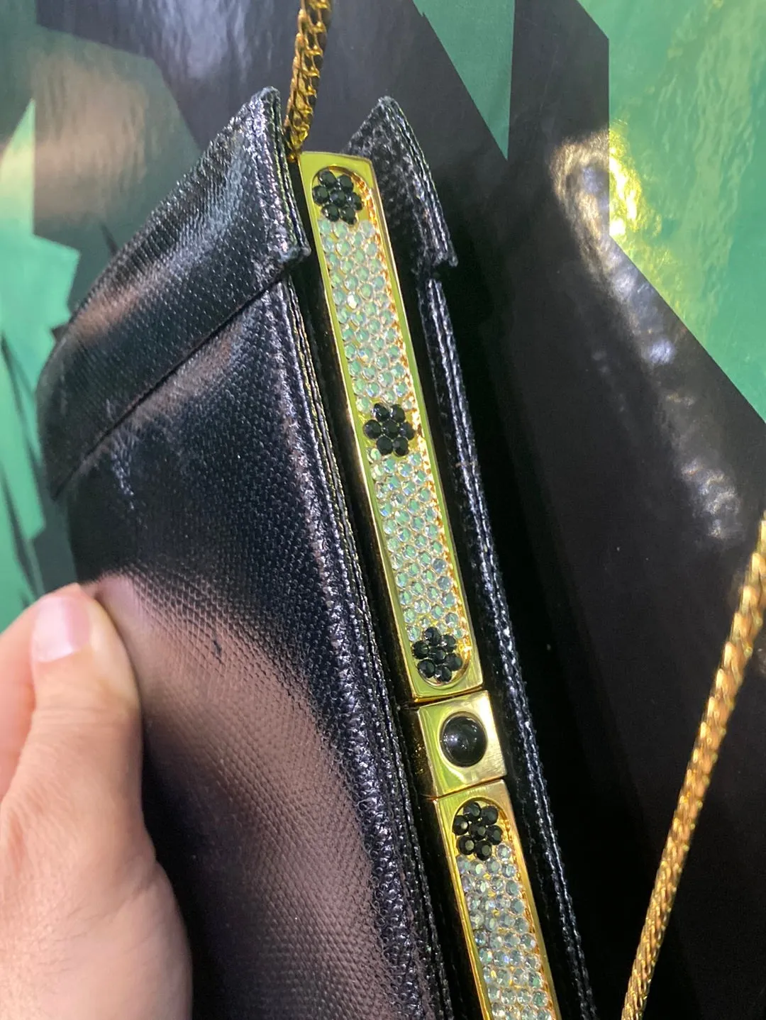 Vintage: Ashneil Black :eather Purse with Gold Removable Strap