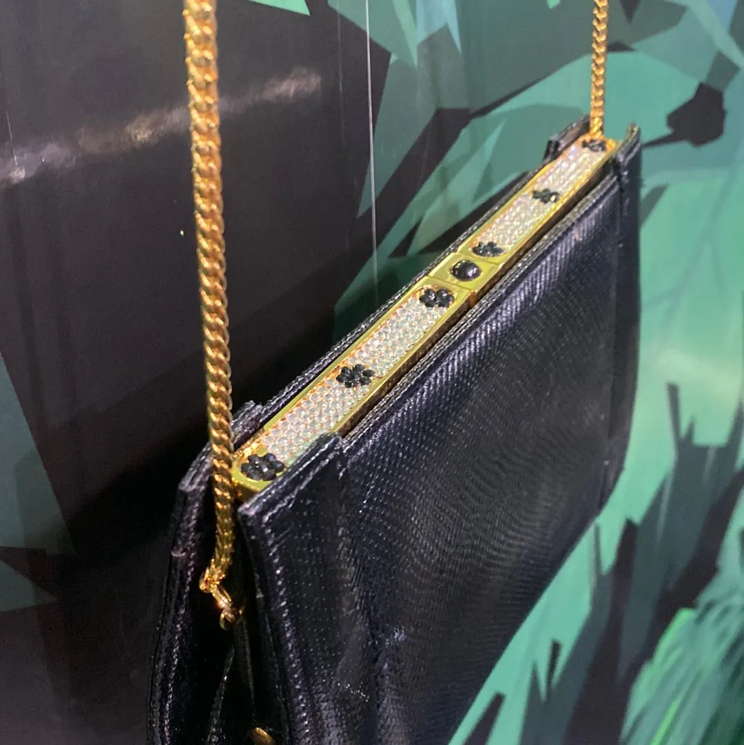 Vintage: Ashneil Black :eather Purse with Gold Removable Strap