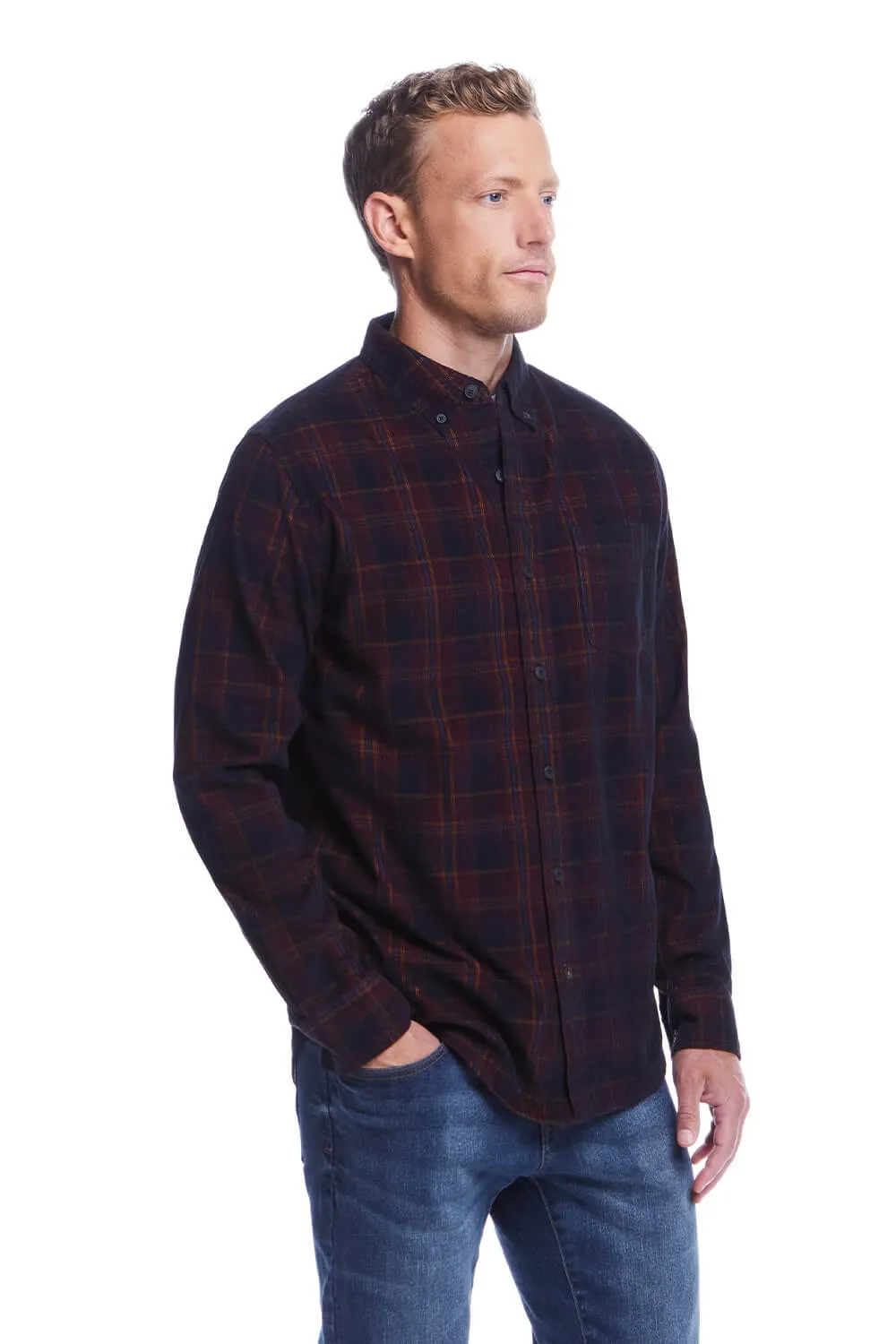 Weatherproof Vintage Plaid Corduroy Button Down Shirt for Men in Burgundy | F2485652GK-BURGANDY