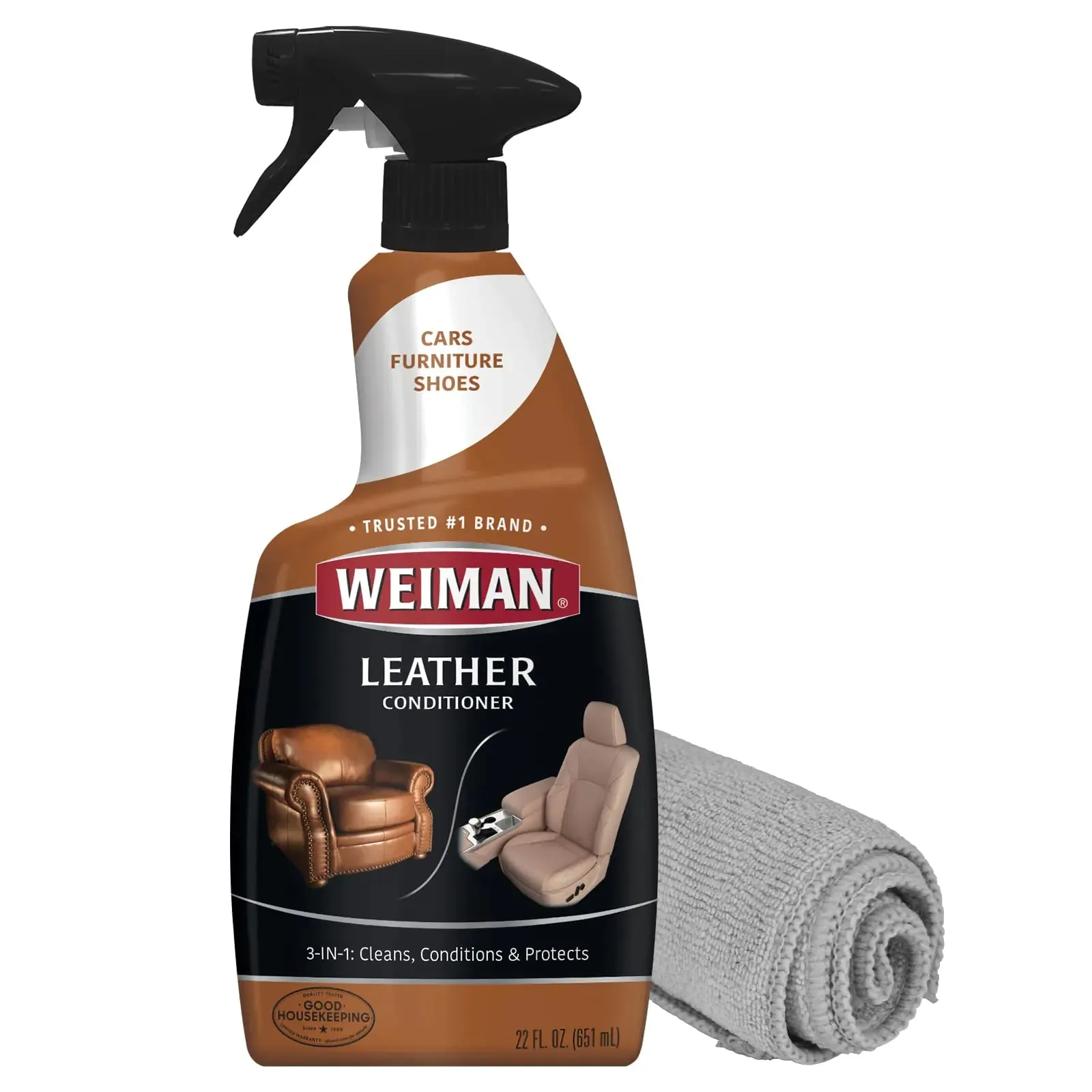 Weiman Leather Cleaner Polish and Conditioner for Furniture Car Purses Shoes Boots and Couches- Micro Fiber Towel Included 22oz