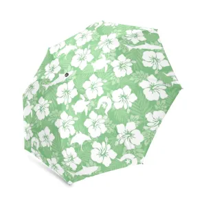 White hibiscus flowers with Dhari, Shark, turtle, and stingray (Green) on Foldable Umbrella