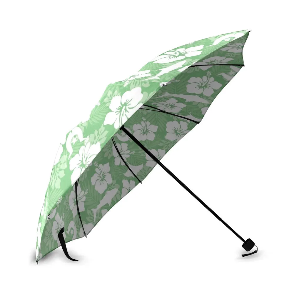 White hibiscus flowers with Dhari, Shark, turtle, and stingray (Green) on Foldable Umbrella