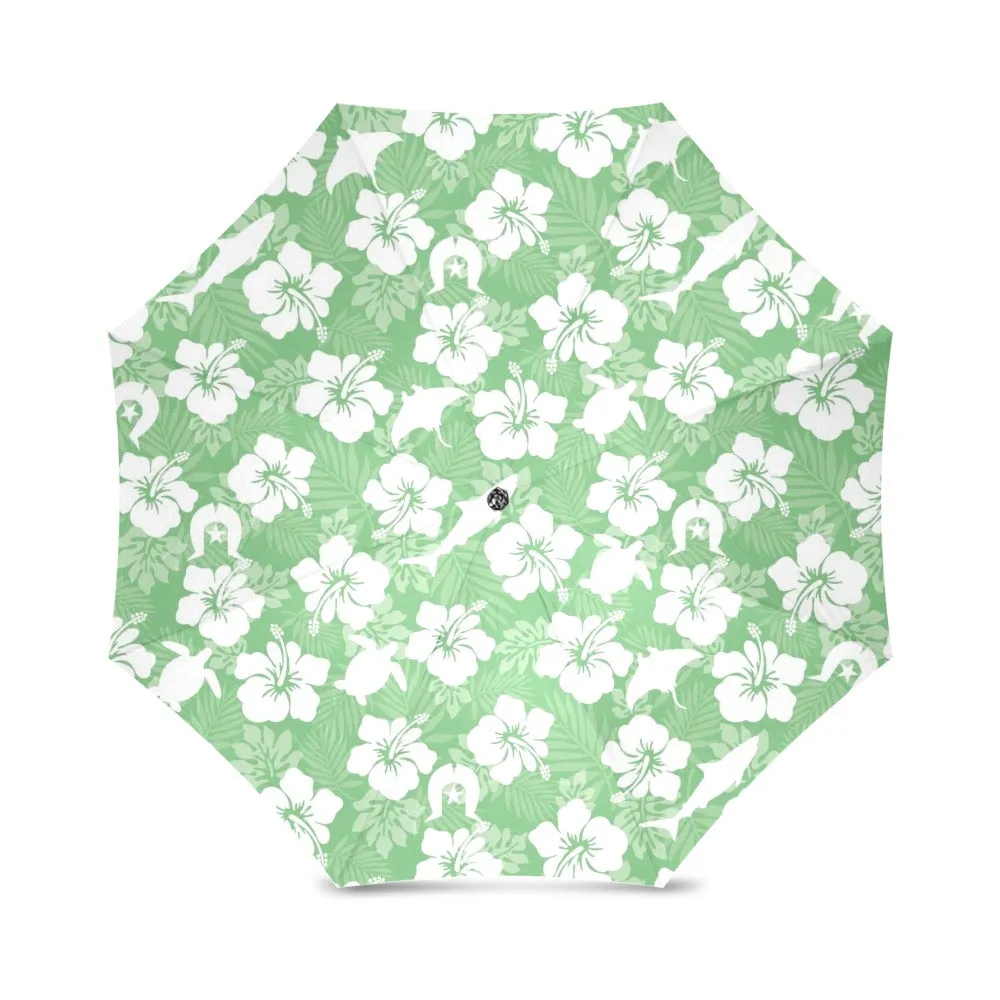 White hibiscus flowers with Dhari, Shark, turtle, and stingray (Green) on Foldable Umbrella