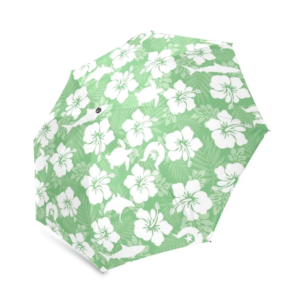 White hibiscus flowers with Dhari, Shark, turtle, and stingray (Green) on Foldable Umbrella